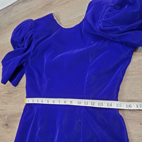 VTG 80s 90s Velvet Puff Sleeve Cocktail Dress Rhinestones Open Back Purple Retro - Picture 9 of 16